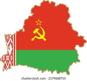 Map of Belarus with the Soviet flag. Flag of an independent European state. Symbol of the Soviet Union, hammer and sickle.
