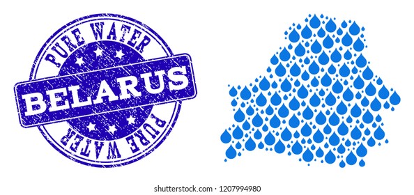 Map of Belarus vector mosaic and Pure Water grunge stamp. Map of Belarus created with blue aqua drops. Seal with retro rubber texture for clean drinking water.