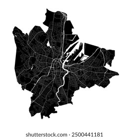 Map of Belfast, Northern Ireland. Detailed city vector map, metropolitan area with border. Black and white streetmap with roads and water.