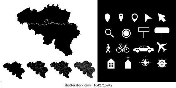 Map of Belgium administrative regions departments with icons. Map location pin, arrow, looking glass, signboard, man, bicycle, car, airplane, house, church. Royalty free outline Belgian vector map.