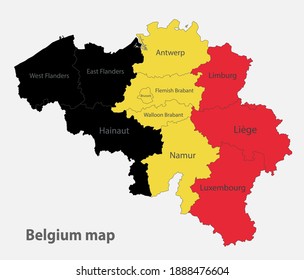 Map of the Belgium in the colors of the flag with administrative divisions vector