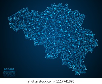 A map of Belgium consisting of 3D triangles, lines, points, and connections. Vector illustration of the EPS 10.