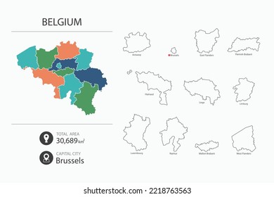 Map of Belgium with detailed country map. Map elements of cities, total areas and capital.
