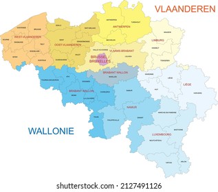 Map of Belgium with divisions by provinces and districts - Labels in Dutch for Flanders and in French for Wallonia