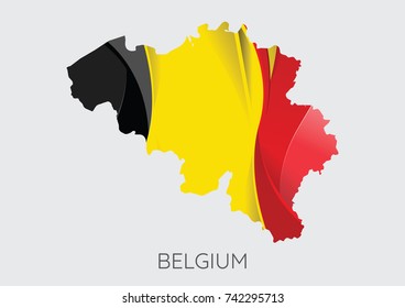 Map Of Belgium With Flag As Texture Isolated On Grey Background. Vector Illustration