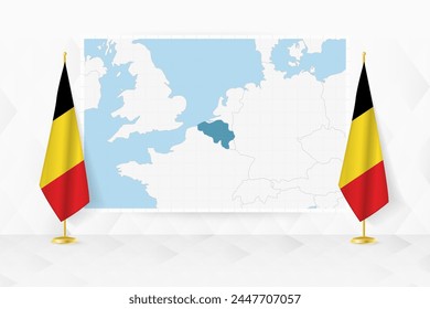 Mapa de Bélgica y banderas de Bélgica en el stand de la bandera. Ilustración vectorial para la reunión de diplomacia.