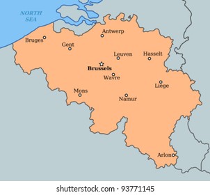 Map of Belgium with major cities: Brussels, Bruges, Antwerp, Liege and others