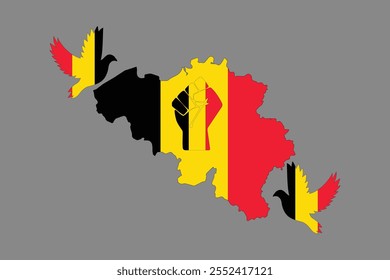 Mapa da Bélgica com a bandeira nacional da Bélgica, Bandeira belga vetor gráfico, Bandeira belga do país é um símbolo de liberdade, ilustração vetorial
