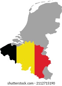 Map of Belgium with national flag within the gray map of Benelux peninsula