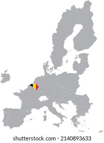 Map of Belgium with national flag within the gray map of European Union countries