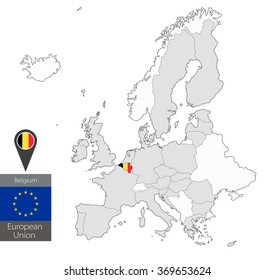 Map of Belgium with an official flag. Location on European Union map