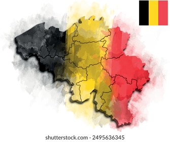 MAP OF BELGIUM WITH ITS PROVINCES AND POLITICAL ADMINISTRATIVE DIVISIONS WATERCOLOR STYLE