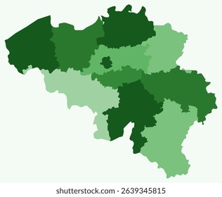 Map of Belgium with regions. Just a simple country border map with region division. Green color palette. Plain Kingdom of Belgium shape with administrative division. Vector illustration.
