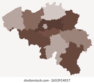 Map of Belgium with regions. Just a simple country border map with region division. Brown color palette. Blank Kingdom of Belgium shape with administrative division. Vector illustration.