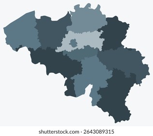 Map of Belgium with regions. A simple country border map with regional divisions. Blue-grey color palette. Flat design of the Kingdom of Belgium with administrative divisions. Vector illustration.