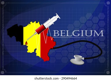 Map of Belgium with Stethoscope and syringe.