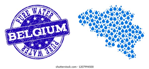 Map of Belgium vector mosaic and Pure Water grunge stamp. Map of Belgium created with blue water raindrops. Seal with grunge rubber texture for clear drinking water.
