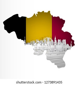 Map of Belgium with world famous landmarks in paper cut style vector illustration