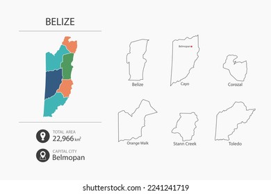 Mapa de Belice con mapa detallado del país. Mapa de elementos de ciudades, áreas totales y capital.