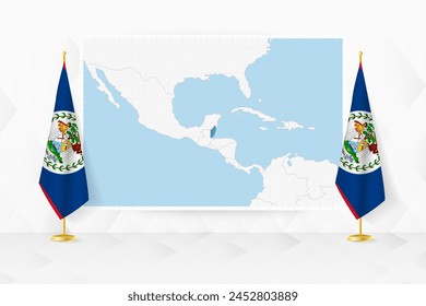 Map of Belize and flags of Belize on flag stand. Vector illustration for diplomacy meeting.