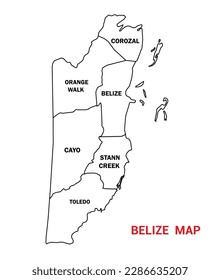 Map of Belize, Map of Belize an outline, Map of Belize states Vector Illustration, Map of Belize with district name. svg