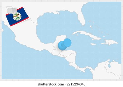 Map of Belize with a pinned blue pin. Pinned flag of Belize, vector illustration.