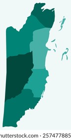 Map of Belize with regions. Just a simple country border map with region division. Teal color palette. Plain Belize shape with administrative division. Vector illustration.