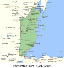 Map of Belize. Shows country borders, urban areas, place names and roads. Labels in English where possible.Projection: Mercator.