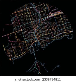 Map of Belleville, Ontario with all major and minor roads, railways and waterways. Colorful line art on black background.