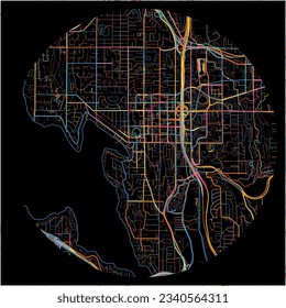 Map of Bellevue, Washington with all major and minor roads, railways and waterways. Colorful line art on black background.
