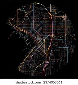 Mapa de Bellingham, Washington con todas las carreteras principales y menores, ferrocarriles y vías fluviales. Coloridas líneas de arte sobre fondo negro.