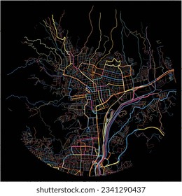 Map of Bello with all major and minor roads, railways and waterways. Colorful line art on black background.