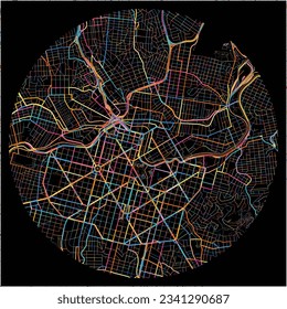 Mapa de Belo Horizonte con todas las carreteras principales y menores, ferrocarriles y vías fluviales. Coloridas líneas de arte sobre fondo negro.