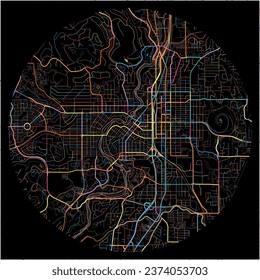 Map of Bend, Oregon with all major and minor roads, railways and waterways. Colorful line art on black background.