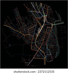 Map of BenderTighina, Bender municipality with all major and minor roads, railways and waterways. Colorful line art on black background.
