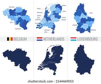 Map of the Benelux countries in blue colors on white background, with flags and icons