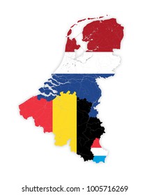 Map of BeNeLux countries with rivers and lakes in colors of the national flags. Map consists of separate maps of Belgium, Netherlands and Luxembourg that can be used separately.