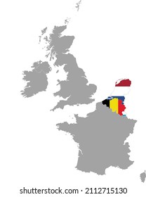 Map of the Benelux peninsula countries with national flag within the gray map of Western Europe