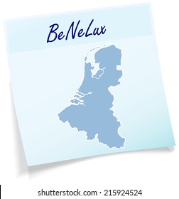 Mapa del Benelux como nota pegajosa en azul