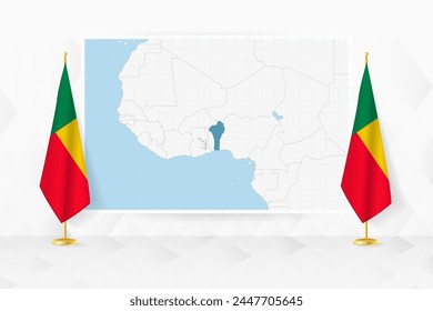 Karte von Benin und Flaggen von Benin auf Flaggenstand. Vektorillustration für Diplomatietreffen.