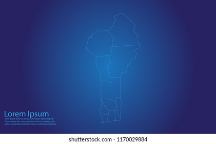 Map of benin - With glowing point and lines scales on the dark gradient background. benin map with country borders, thin Blue outline on Dark background.