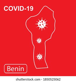 Map of Benin labeled "COVID-19". White outline map on a red background. Vector illustration of a virus, coronavirus, epidemiology.