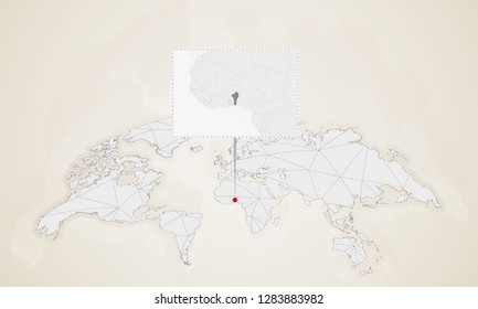 Map of Benin with neighbor countries pinned on world map. Abstract triangles World Map.