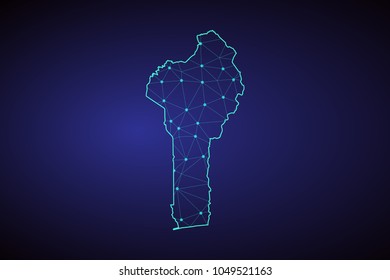 Map of Benin from Polygonal wire frame low poly mesh, contours network line, luminous space stars, design sphere, dot and structure. Vector Illustration EPS10.