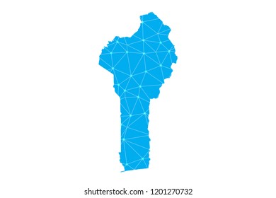 Map of Benin from Polygonal wire frame low poly mesh, contours network line, luminous space stars, design sphere, dot and structure. Vector Illustration EPS10.
