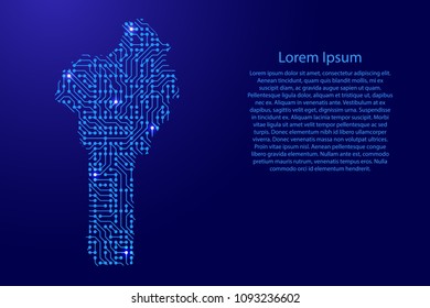Map Benin from printed board, chip and radio component with blue star space on the contour for banner, poster, greeting card. Computer electronics processor motherboard. Vector illustration. 