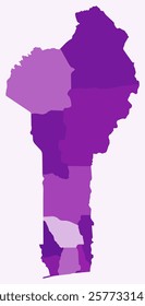 Map of Benin with regions. Just a simple country border map with region division. Purple color palette. Blank Republic of Benin shape with administrative division. Vector illustration.