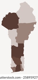 Map of Benin with regions. Just a simple country border map with region division. Brown color palette. Flat Republic of Benin shape with administrative division. Vector illustration.
