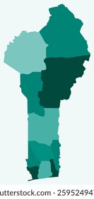 Map of Benin with regions. Just a simple country border map with region division. Teal color palette. Flat Republic of Benin shape with administrative division. Vector illustration.