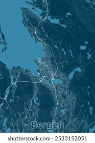 Mapa de Bergen, Noruega, en un estilo minimalista. El mapa presenta un fondo azul profundo con líneas blancas que representan carreteras y vías fluviales.